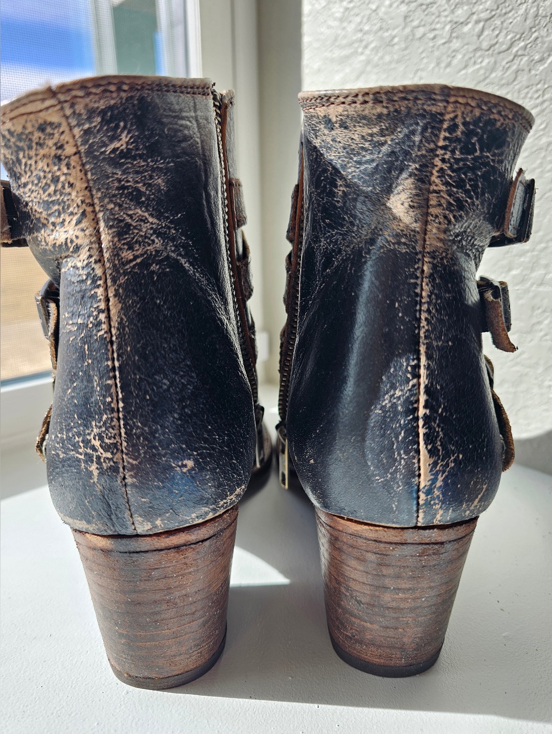 Bed|Stu Distressed Black Brown Leather Ankle Boots With Buckle Straps — image 4 of 8